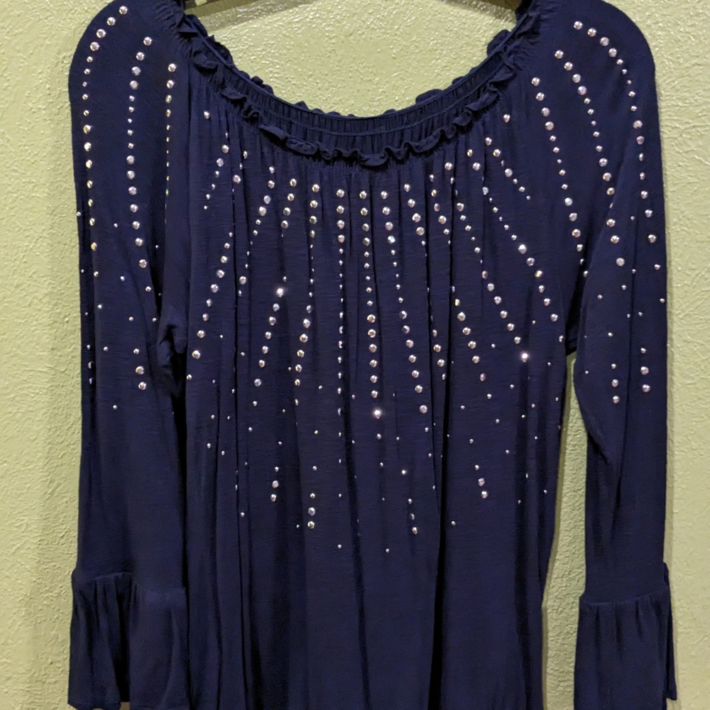 Elegant Navy Blue Women's Top with Rhinestone Accents